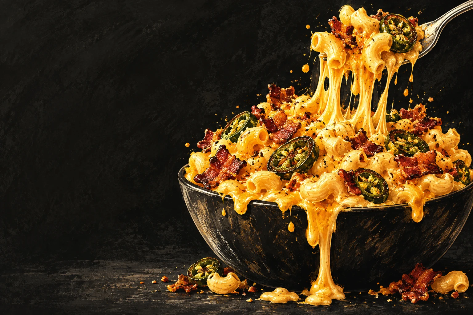 Illustration of golden loaded mac and cheese with jalapeños, bacon, and a fork pulling melted cheese